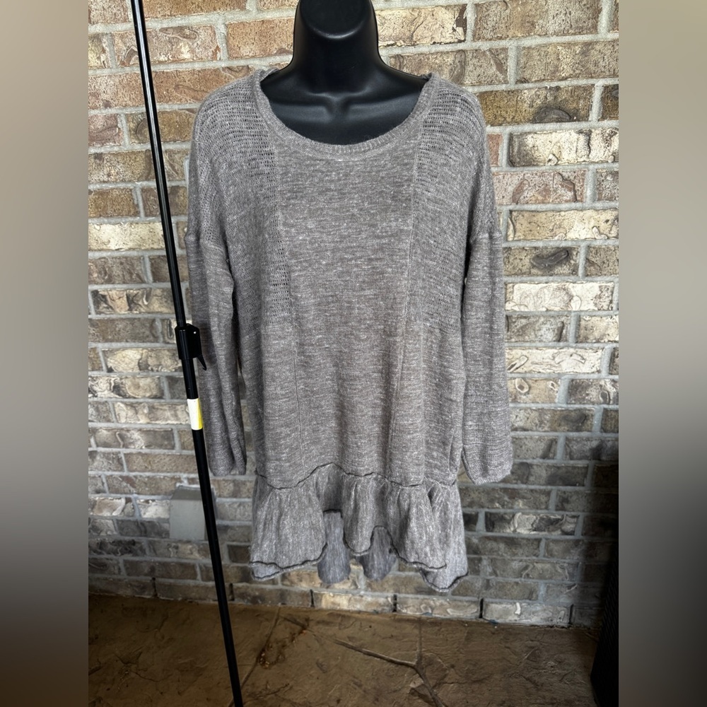 Free People Women Sweater SP Alpaca Wool Linen Ruffle Hem Hooded Boho